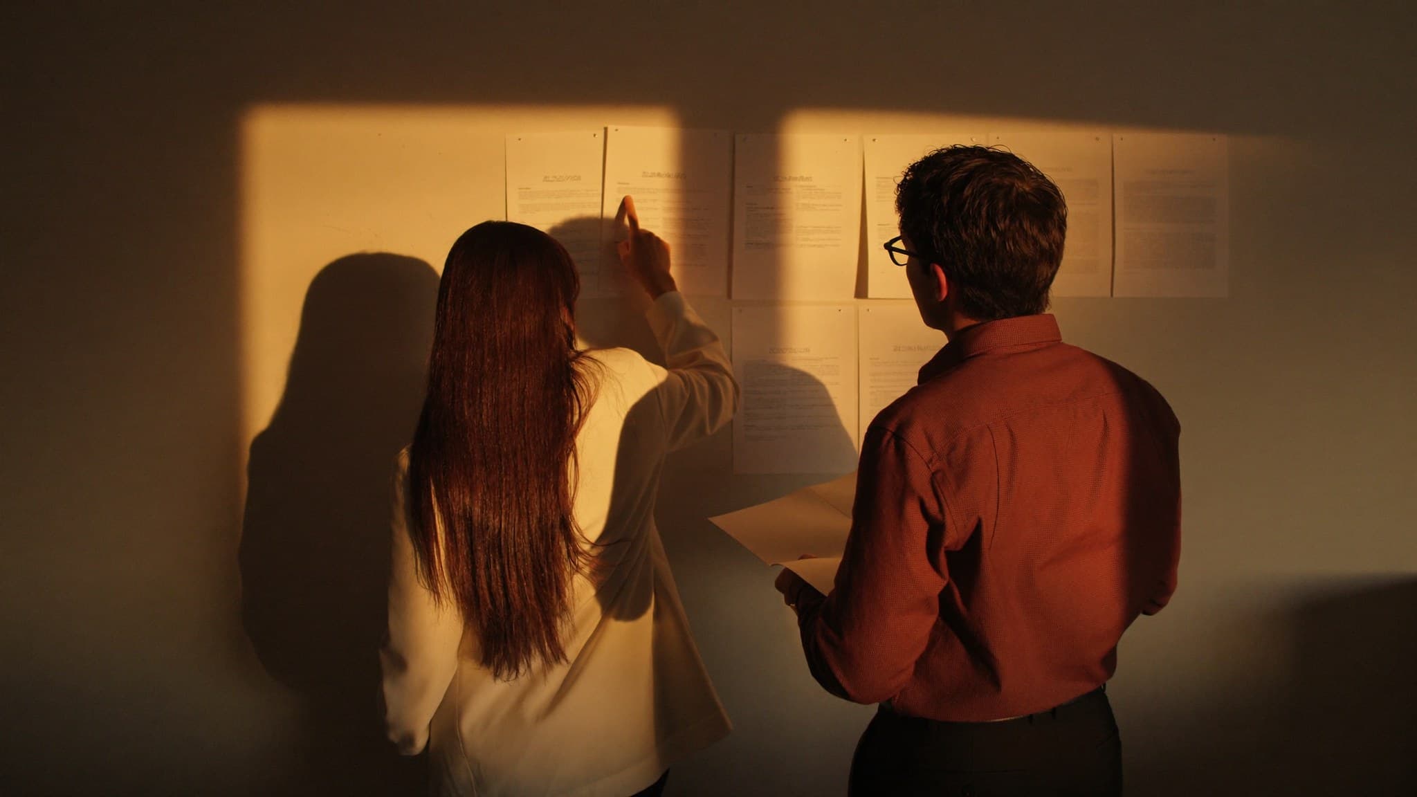 Dos personas revisando hojas colgadas en una pared, de espaldas